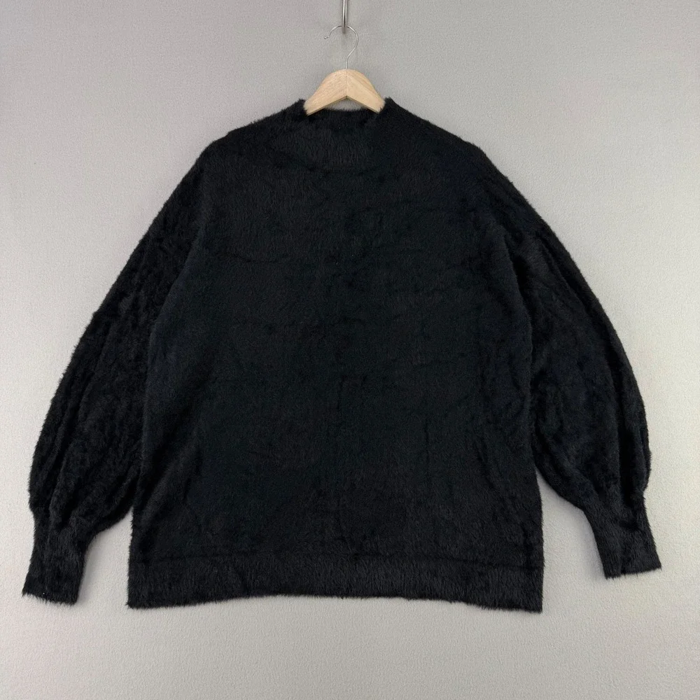 Chico's Fuzzy Eyelash Knit Sweater Women Size L Black Balloon Sleeve Pullover